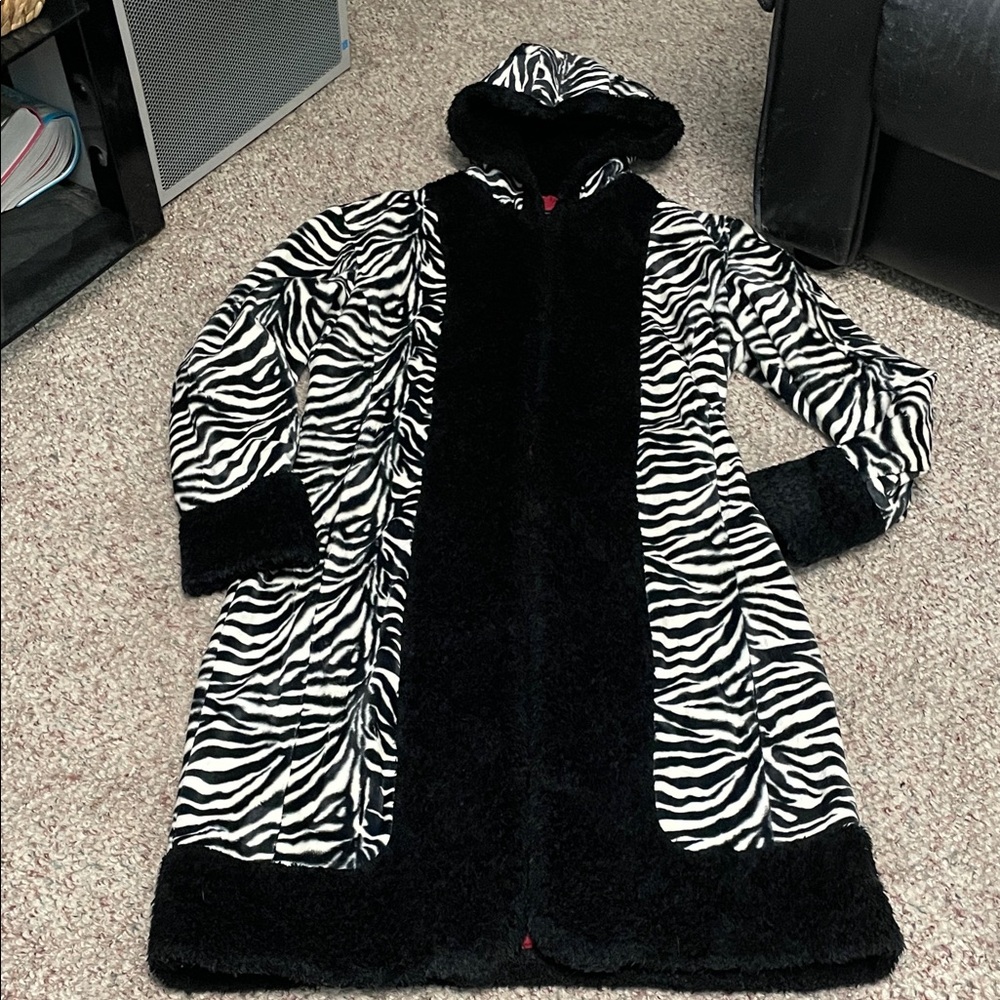 Vintage y2k Zebra Print hooded with black teddy accents long hook eye Coat
